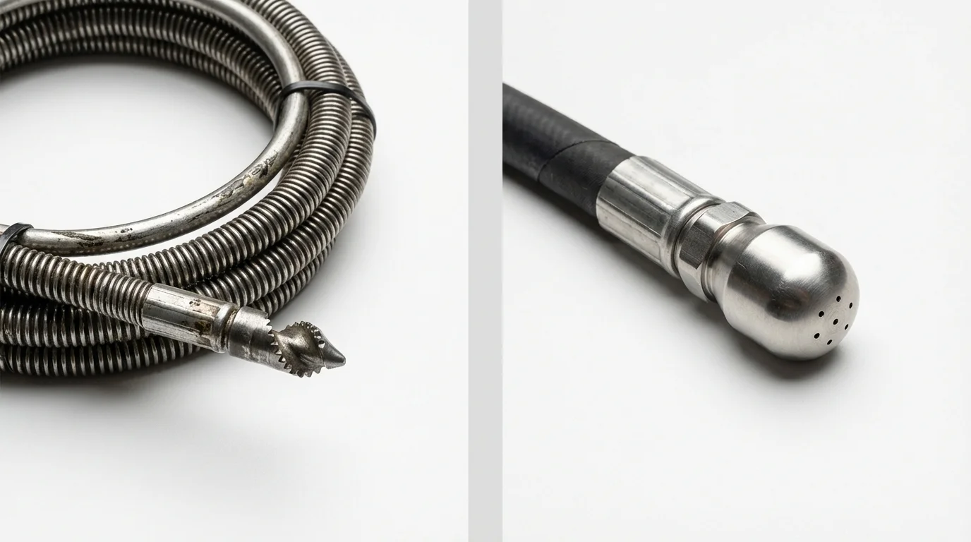 Drain snake cable and hydro jetting nozzle used for drain cleaning in Edgewood, NM