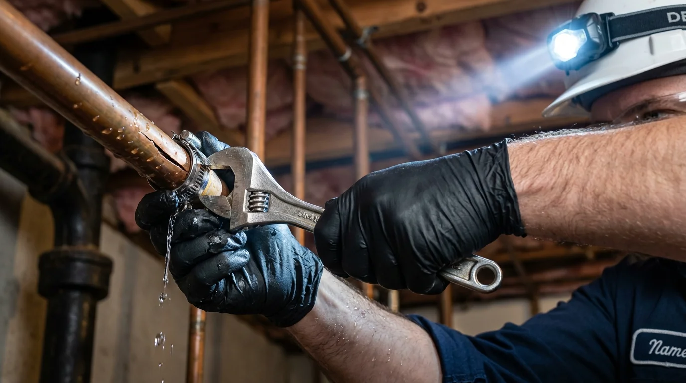 Emergency pipe clamp repair being performed by a Johns Plumbing LLC plumber in Edgewood