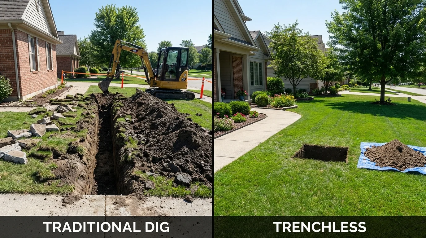 Trenchless sewer repair with minimal yard damage versus traditional excavation in Edgewood, NM