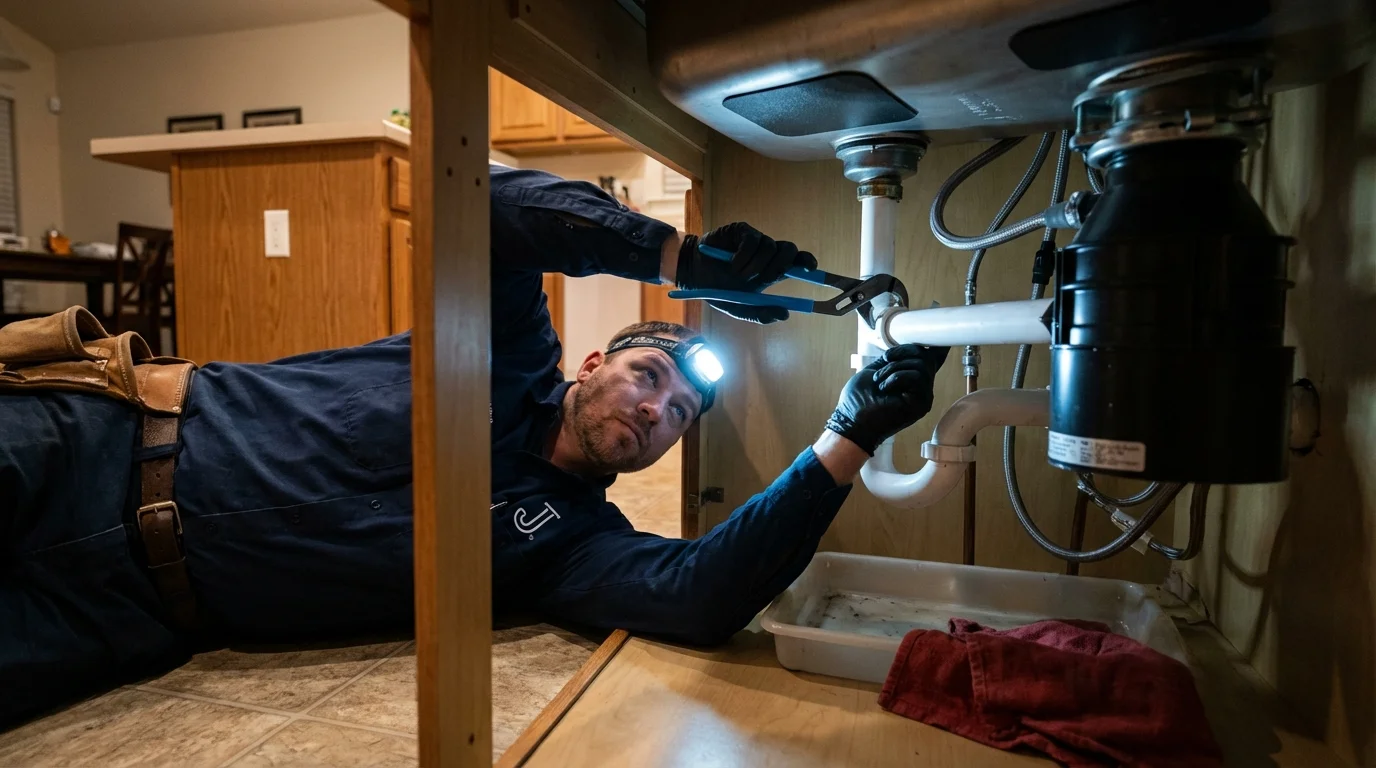 P-trap and supply line connections under a kitchen sink showing a common leak point in Edgewood, NM